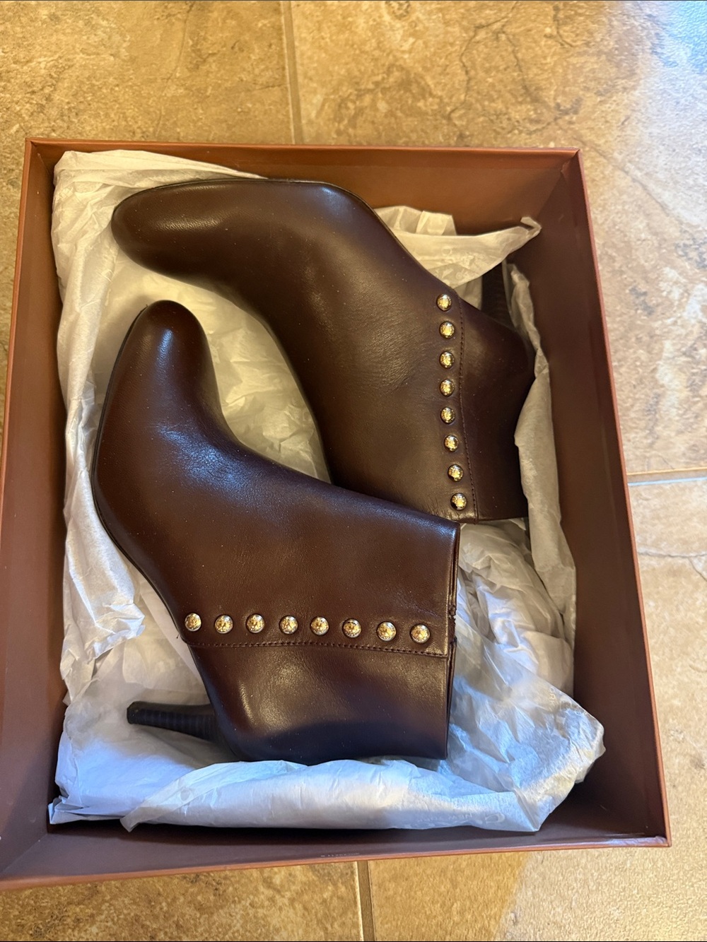 Coach Dark Brown Leather Ankle Booties with Gold Stud Trim